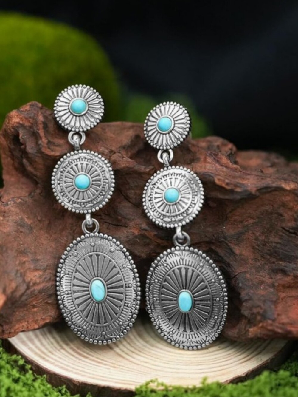 NWT Vintage Silver Concho Turquoise Statement Dangle Earrings Western Boho